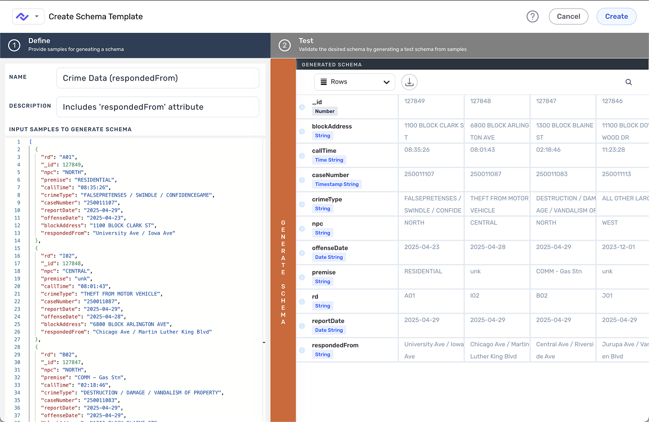 Before-state screenshot of schema template workflow issues