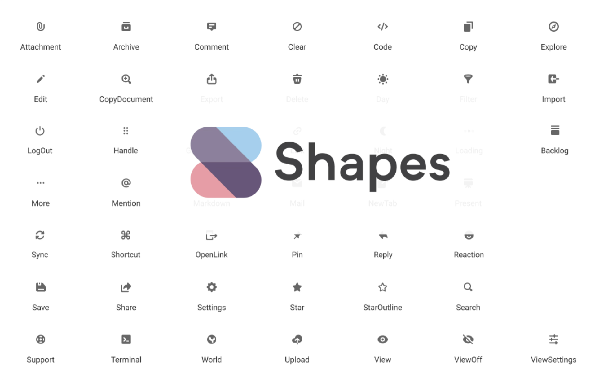 Shapes design-system sheet showing reusable icons and brand forms that resolved the sparse prototype direction