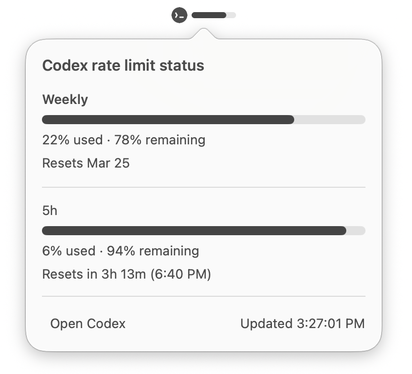 Codex Toolbar rate-limit status popover shown in light or dark mode.