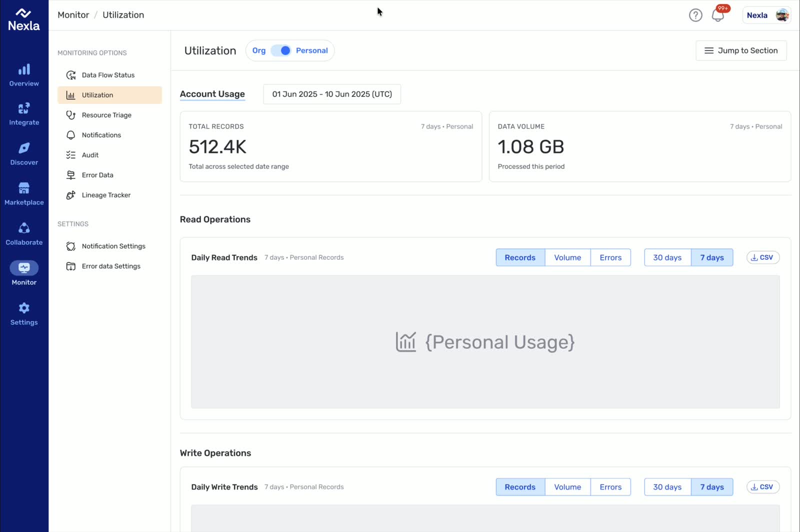 Redesigned overview dashboard with a page-level Org and Personal toggle and clearer monitoring hierarchy.
